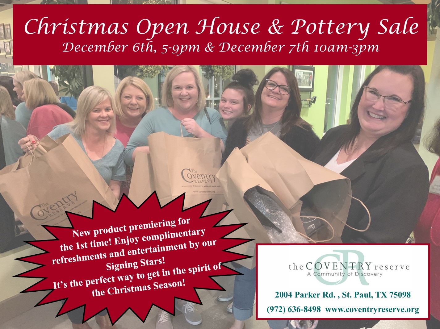 Flyer for Coventry Reserve's 2024 Christmas Open House and Pottery Sale on December 6 and 7.